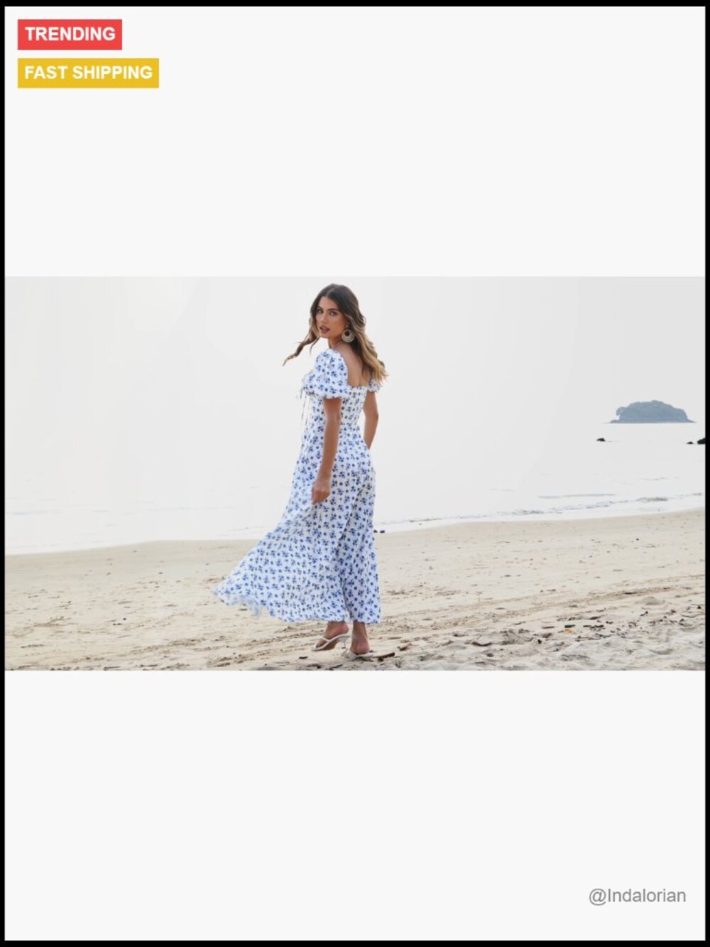 Puff Sleeve Floral Maxi Dress with Lace, Backless, High Slit - Picture 5 of 7